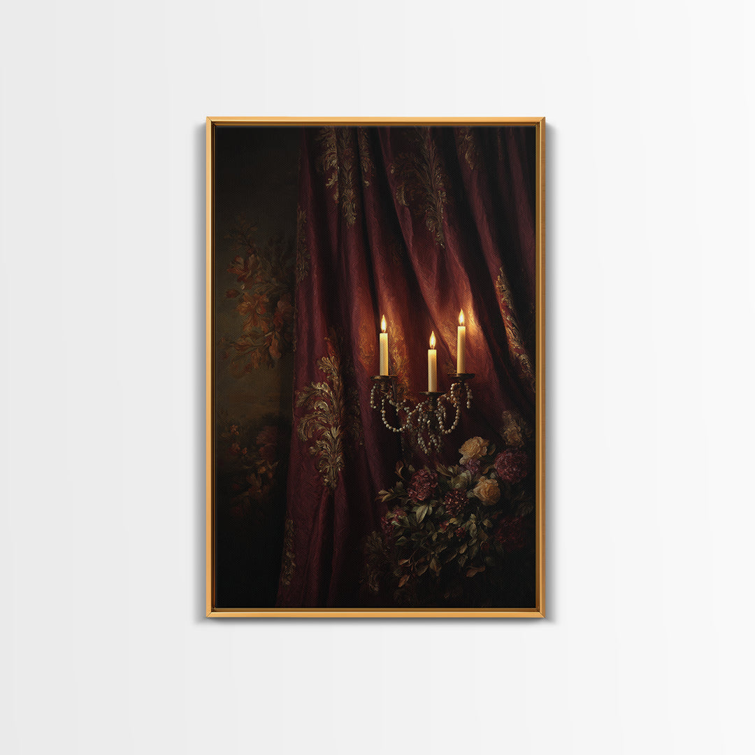 Velvet Drapery with Pearls Flowers and Candlelight Canvas Print, Baroque Art, Portrait Painting, Living Room Decor, Ornate, BAO-2x3-35