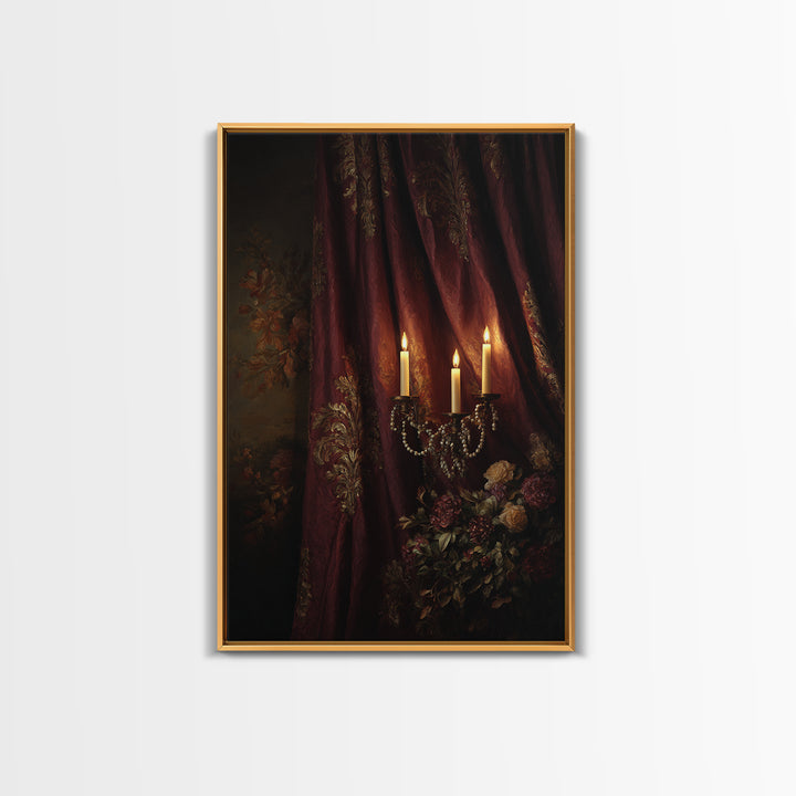 Velvet Drapery with Pearls Flowers and Candlelight Canvas Print, Baroque Art, Portrait Painting, Living Room Decor, Ornate, BAO-2x3-35