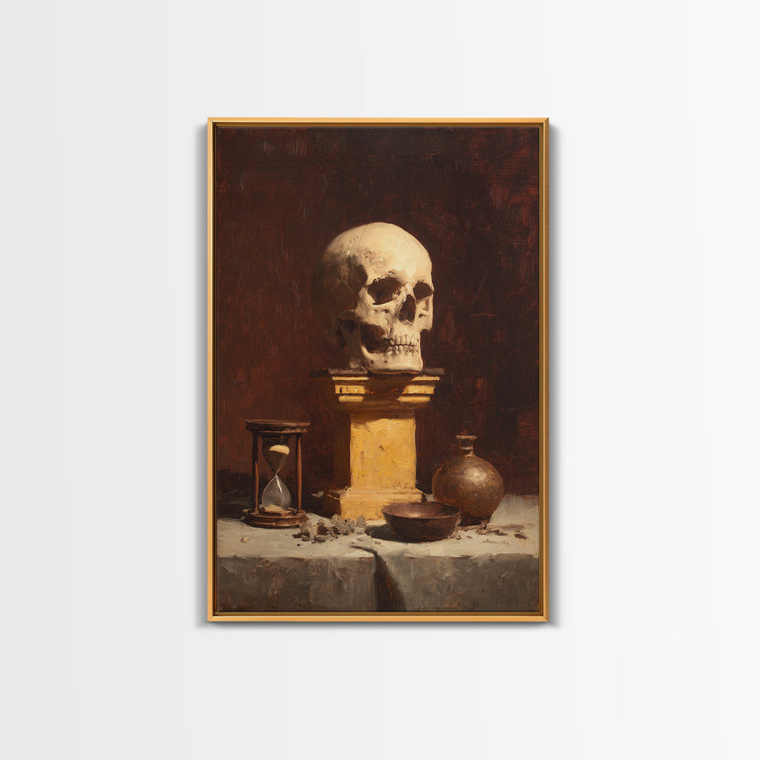 Skull and Hourglass Vanitas Still Life Framed Canvas Print, Baroque Art, Neutral Decor, Living Room Decor, Fine Art, Ornate, BAO-2x3-37