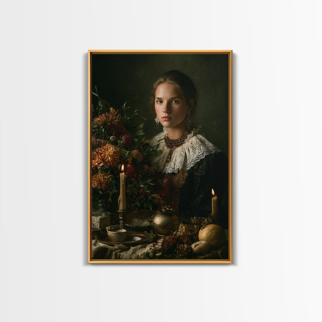 Classical Portrait with Lace Collar and Jewel Canvas Print, Baroque Art, Gallery Wall, Living Room Decor, Oil Painting, Ornate, BAO-2x3-39