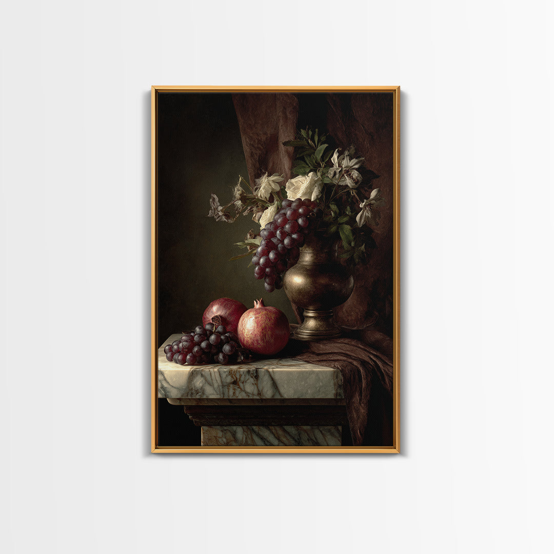 Pomegranate and Grapes on a Marble Ledge Canvas Print, Baroque Art, Moody Wall Art, Living Room Decor, Fine Art, Ornate, BAO-2x3-40