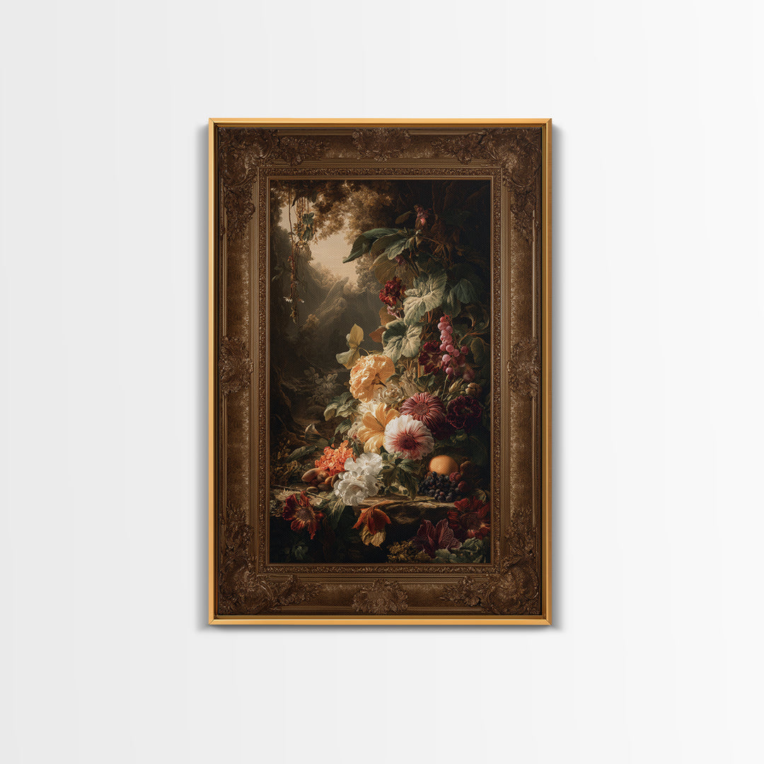Ornate Gold Frame Illusion Around a Botanical Framed Canvas Print, Baroque Art, Modern Decor, Living Room Decor, Ornate, BAO-2x3-41