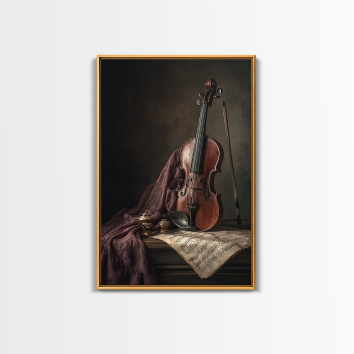 Baroque Violin and Sheet Music Still Life Framed Canvas Print, Baroque Art, Dark Academia Art, Living Room Decor, Ornate, BAO-2x3-43