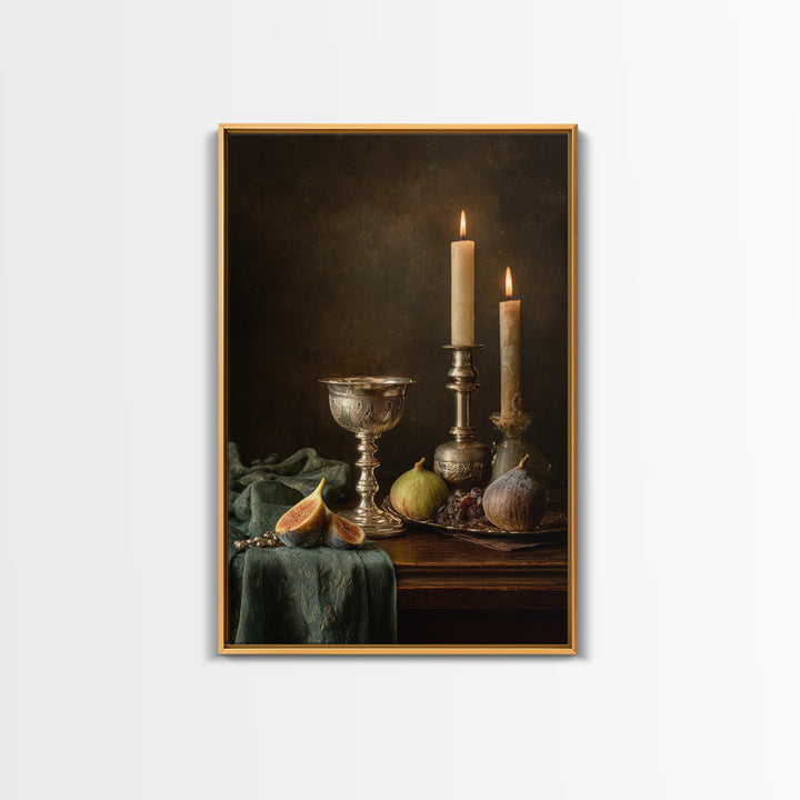 Candlelit Table with Silver Goblet and Figs Canvas Print, Baroque Art, Fine Art Print, Living Room Decor, Fine Art, Ornate, BAO-2x3-45