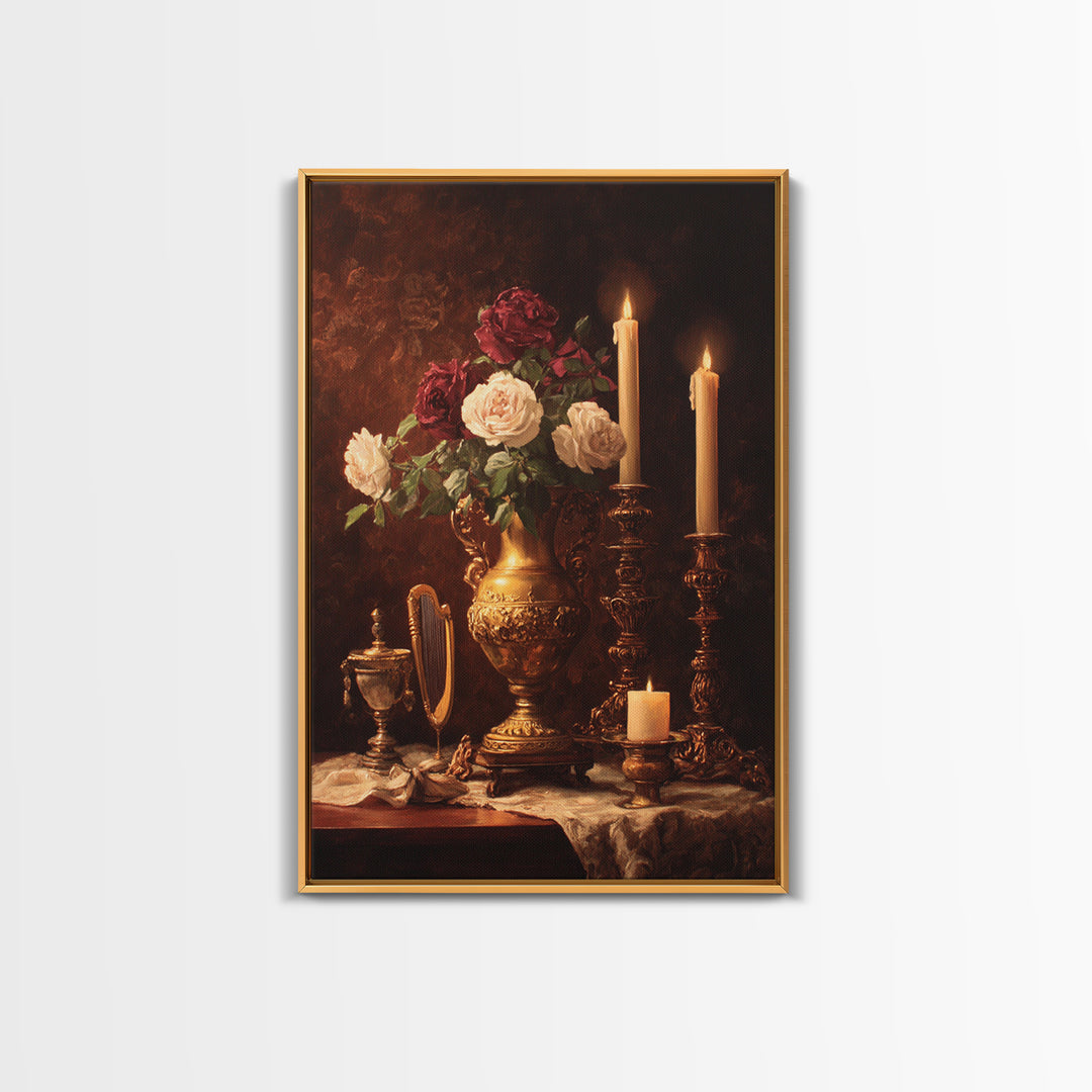 Golden Harp and Roses Canvas Print, Baroque Art, Gallery Decor, Living Room Decor, Fine Art, Ornate, Minimalist Decor, BAO-2x3-50