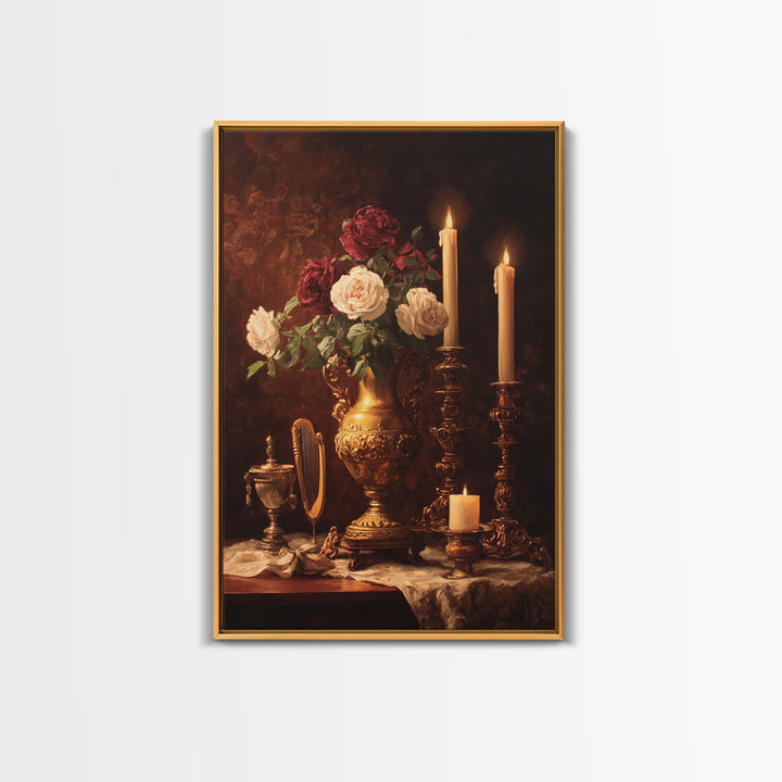 Golden Harp and Roses Canvas Print, Baroque Art, Gallery Decor, Living Room Decor, Fine Art, Ornate, Minimalist Decor, BAO-2x3-50