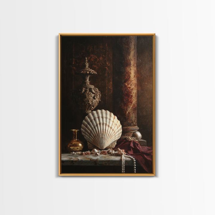 Ornamental Shell and Pearl Composition Framed Canvas Print, Baroque Art, Feminist Art, Living Room Decor, Fine Art, Ornate, BAO-2x3-6