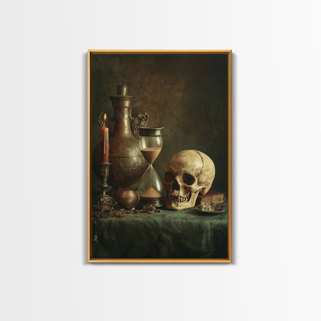 Skull and Hourglass Vanitas Still Life Canvas Print, Baroque Art, Luxury Decor, Living Room Decor, Ornate, Oil Painting, BAO-2x3-61