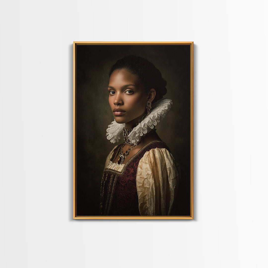 Classical Portrait with Lace Collar and Jewel Framed Canvas Print, Baroque Art, Feminist Art, Living Room Decor, Ornate, BAO-2x3-63
