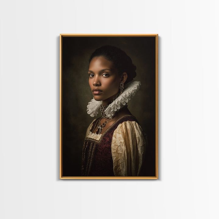 Classical Portrait with Lace Collar and Jewel Framed Canvas Print, Baroque Art, Feminist Art, Living Room Decor, Ornate, BAO-2x3-63