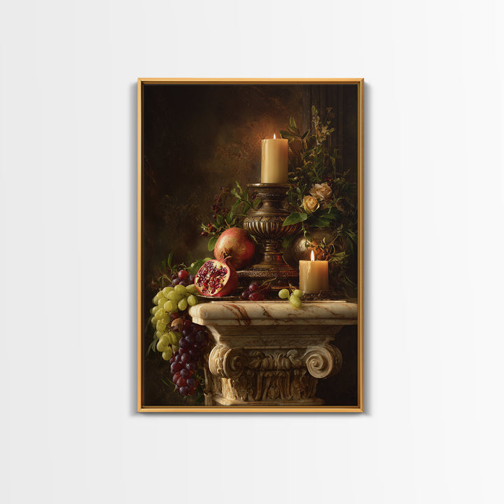 Pomegranate and Grapes on a Marble Ledge Framed Canvas Print, Baroque Art, Dark Academia Art, Living Room Decor, Ornate, BAO-2x3-64