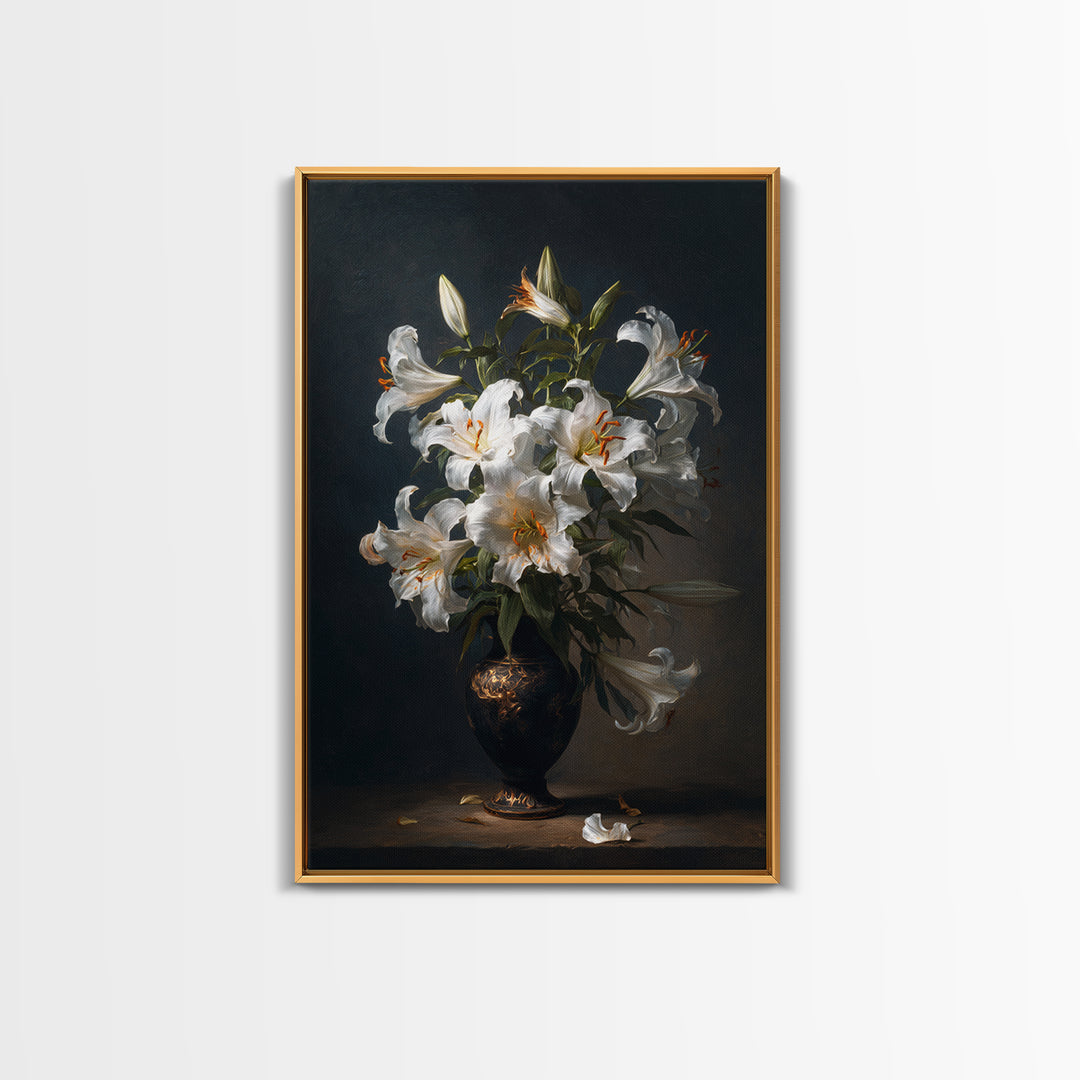 Dramatic White Lilies Framed Canvas Print, Baroque Art, Modern Decor, Living Room Decor, Fine Art, Ornate, Poster, Painting, BAO-2x3-68