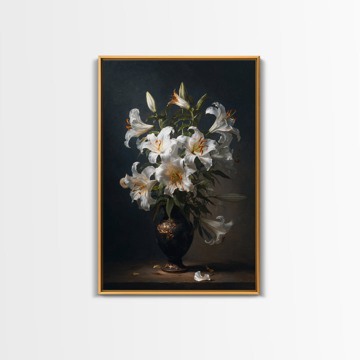 Dramatic White Lilies Framed Canvas Print, Baroque Art, Modern Decor, Living Room Decor, Fine Art, Ornate, Poster, Painting, BAO-2x3-68
