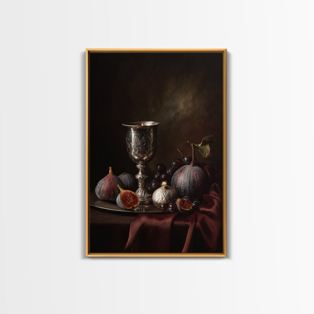 Candlelit Table with Silver Goblet and Figs Framed Canvas Print, Baroque Art, Room Decor, Living Room Decor, Fine Art, Ornate, BAO-2x3-69
