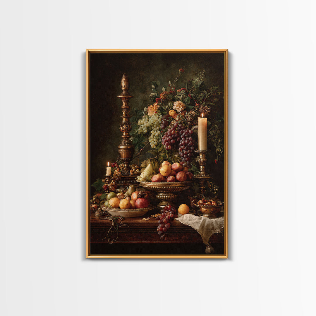 Lavish Banquet Fruit Composition Framed Canvas Print, Baroque Art, Textured Painting, Living Room Decor, Fine Art, Ornate, BAO-2x3-76