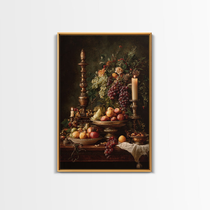Lavish Banquet Fruit Composition Framed Canvas Print, Baroque Art, Textured Painting, Living Room Decor, Fine Art, Ornate, BAO-2x3-76