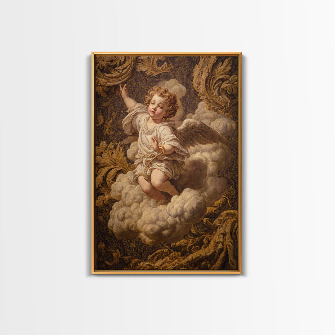 Ornate Cherub Figure Surrounded by Clouds and Canvas Print, Baroque Art, Luxury Decor, Living Room Decor, Fine Art, Ornate, BAO-2x3-82