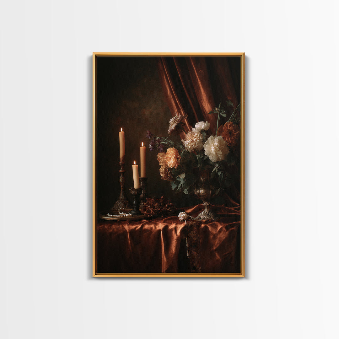 Velvet Drapery with Pearls Flowers and Candlelight Framed Canvas Print, Baroque Art, Boho Decor, Living Room Decor, Ornate, BAO-2x3-83
