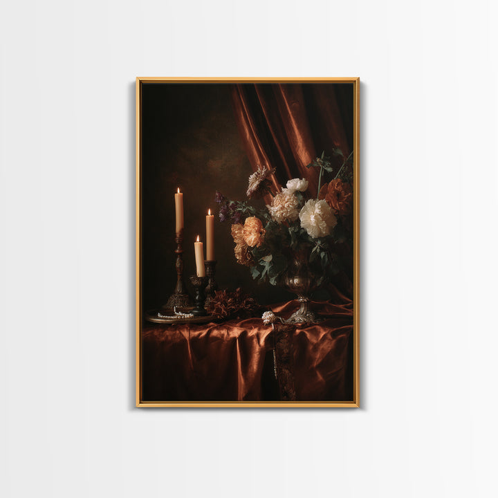 Velvet Drapery with Pearls Flowers and Candlelight Framed Canvas Print, Baroque Art, Boho Decor, Living Room Decor, Ornate, BAO-2x3-83