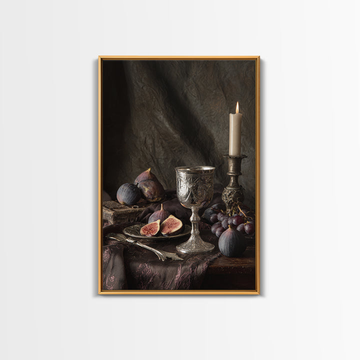 Candlelit Table with Silver Goblet and Figs Framed Canvas Print, Baroque Art, Room Decor, Living Room Decor, Fine Art, Ornate, BAO-2x3-93