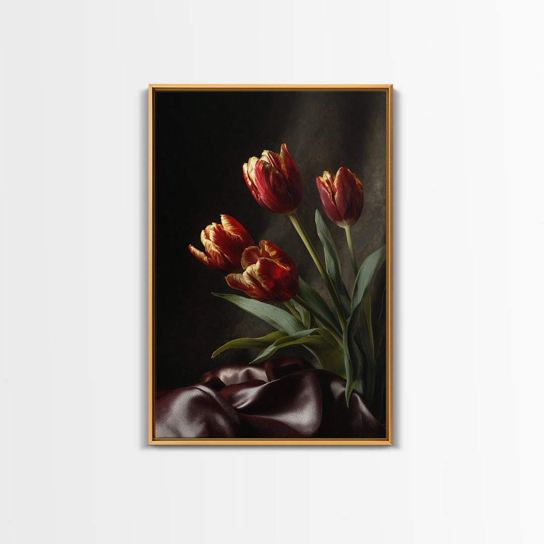 Black Background Tulips Canvas Print, Baroque Art, Fine Art Print, Living Room Decor, Fine Art, Ornate, Painting, BAO-2x3-96