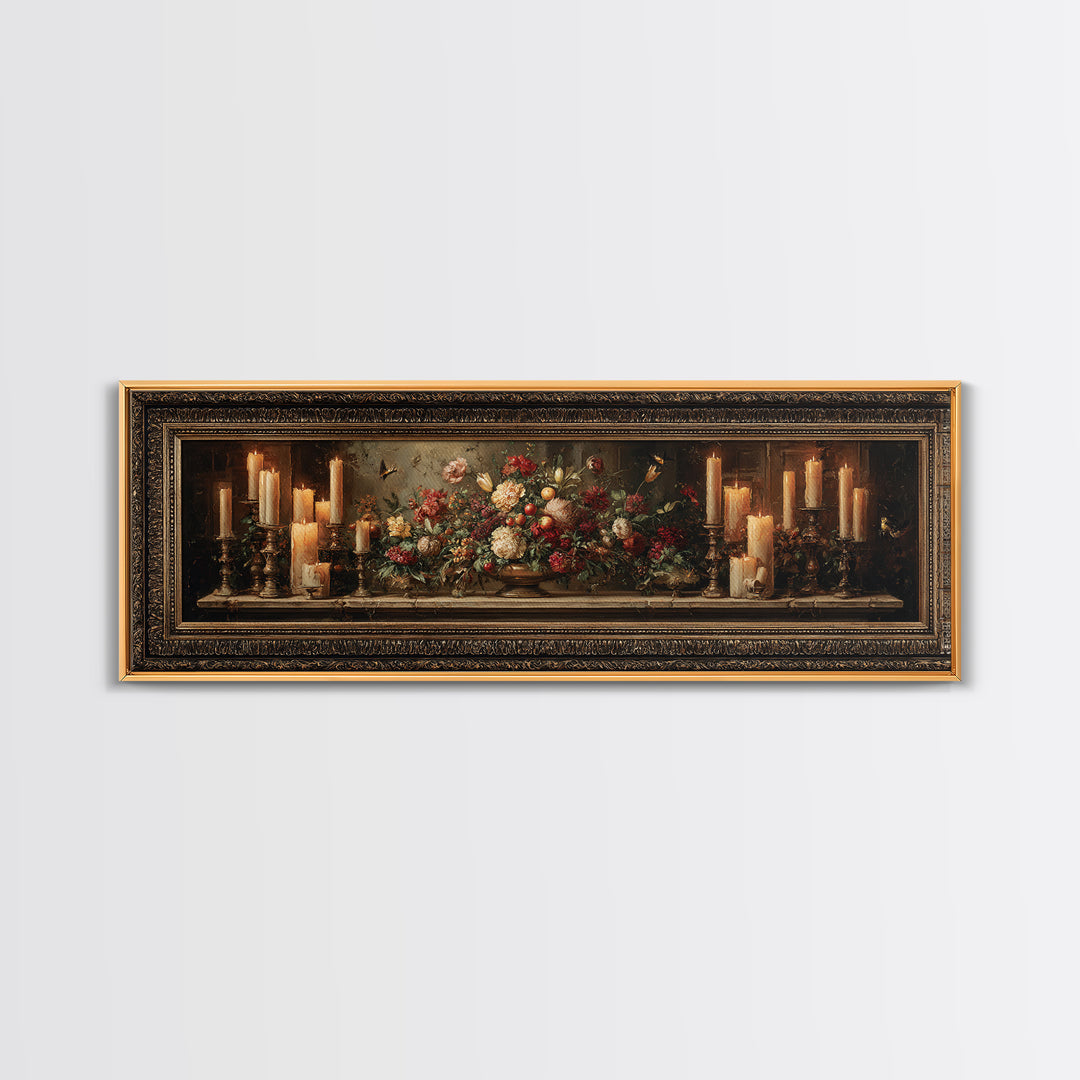 Ornate Gold Frame Illusion Around a Botanical Framed Canvas Print, Baroque Art, Wall Art, Living Room Decor, Fine Art, Ornate, BAO-3x1-1