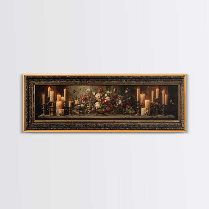 Ornate Gold Frame Illusion Around a Botanical Framed Canvas Print, Baroque Art, Wall Art, Living Room Decor, Fine Art, Ornate, BAO-3x1-1