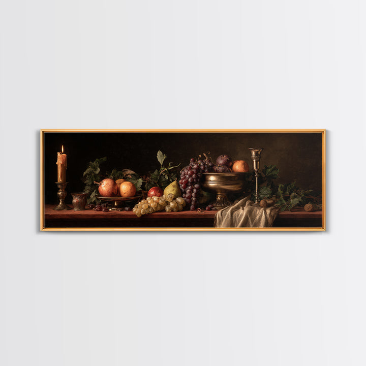 Dramatic Fruit Still Life Framed Canvas Print, Baroque Art, Decor, Living Room Decor, Fine Art, Ornate, Moody Wall Art, BAO-3x1-17