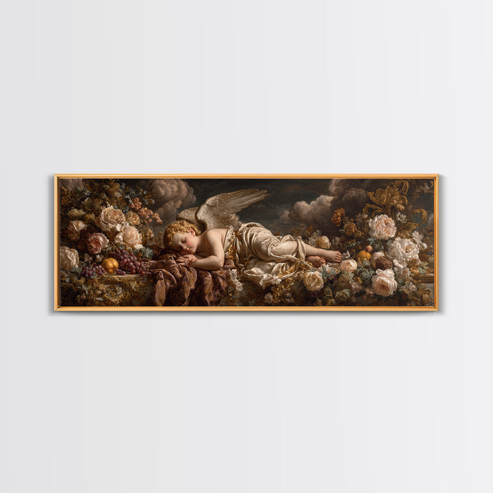 Ornate Cherub Figure Surrounded by Clouds and Framed Canvas Print, Baroque Art, Contemporary Art, Living Room Decor, Ornate, BAO-3x1-18