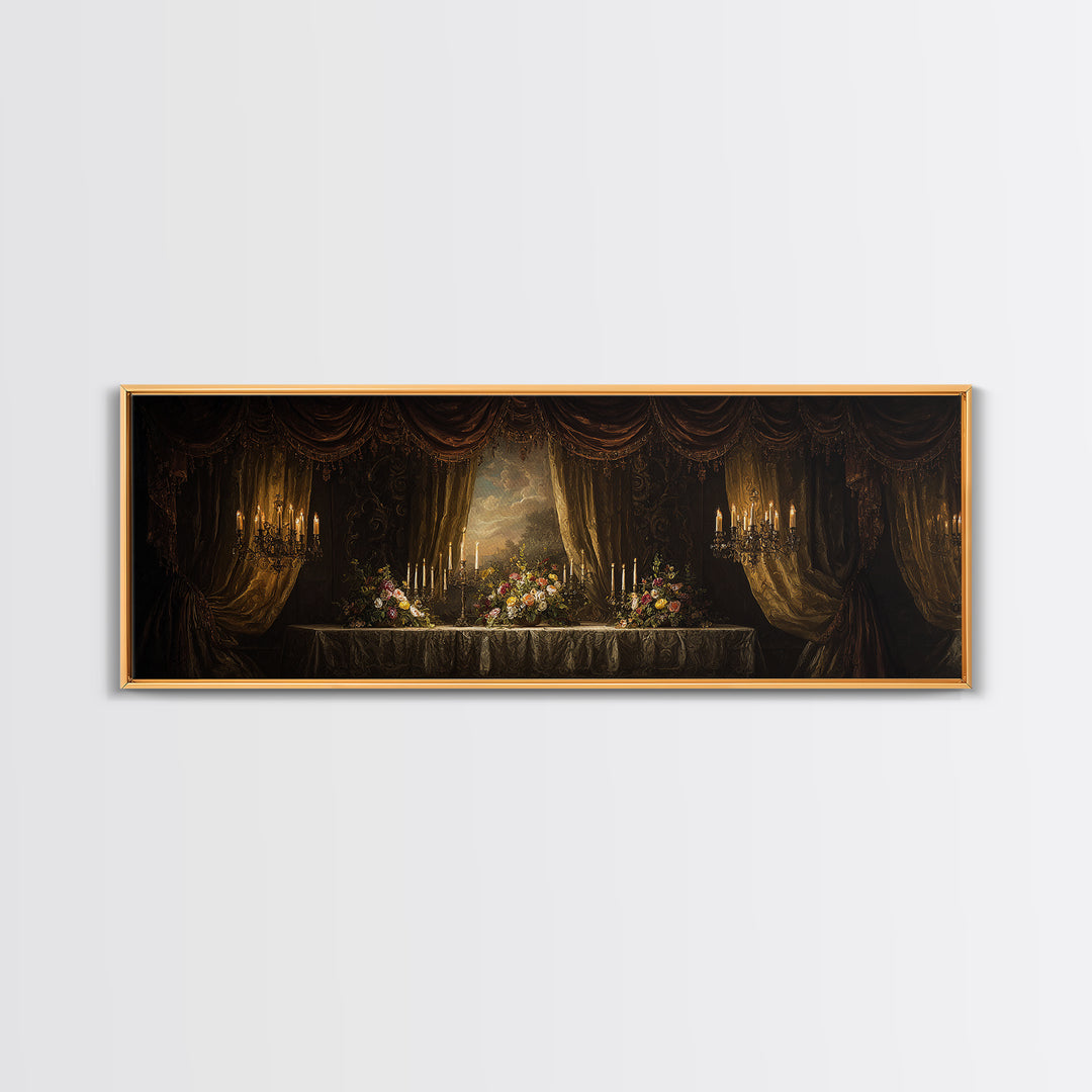 Velvet Drapery with Pearls Flowers and Candlelight Canvas Print, Baroque Art, Baroque, Living Room Decor, Watercolor Art, BAO-3x1-19