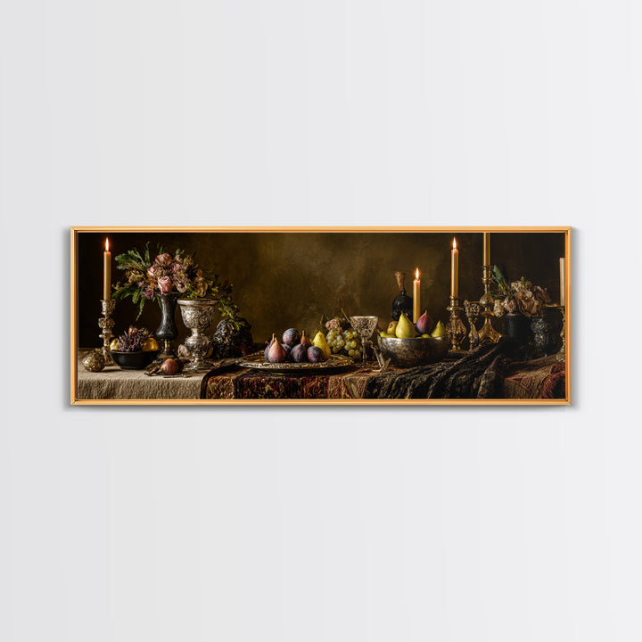 Candlelit Table with Silver Goblet and Figs Canvas Print, Baroque Art, Poster, Living Room Decor, Oil Painting, Ornate, BAO-3x1-29