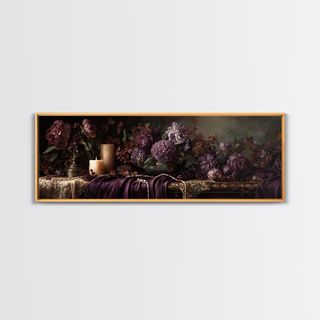 Velvet Drapery with Pearls Flowers and Candlelight Canvas Print, Baroque Art, Art Print, Living Room Decor, Fine Art, Ornate, BAO-3x1-43