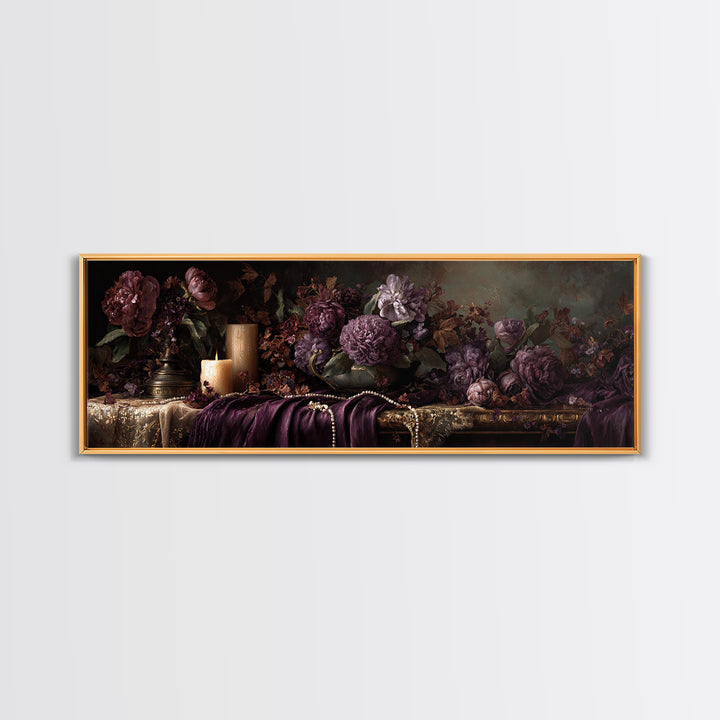Velvet Drapery with Pearls Flowers and Candlelight Canvas Print, Baroque Art, Art Print, Living Room Decor, Fine Art, Ornate, BAO-3x1-43