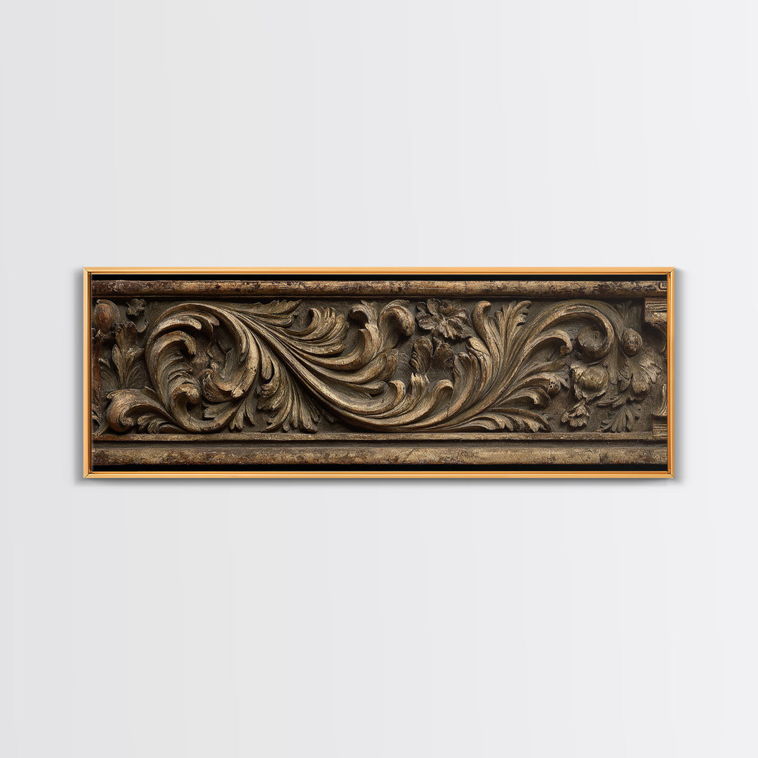 Carved Acanthus Leaf Ornament Study Framed Canvas Print, Baroque Art, Boho Decor, Living Room Decor, Oil Painting, Ornate, BAO-3x1-55