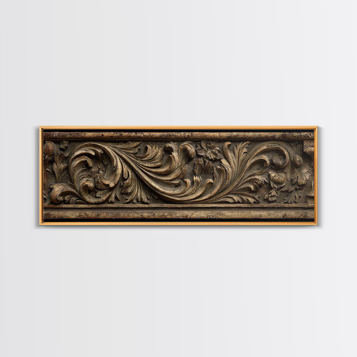 Carved Acanthus Leaf Ornament Study Framed Canvas Print, Baroque Art, Boho Decor, Living Room Decor, Oil Painting, Ornate, BAO-3x1-55