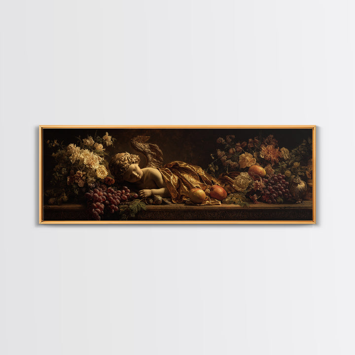 Ornate Cherub Figure Surrounded by Clouds and Canvas Print, Baroque Art, Living Room Decor, Oil Painting, Ornate, BAO-3x1-66