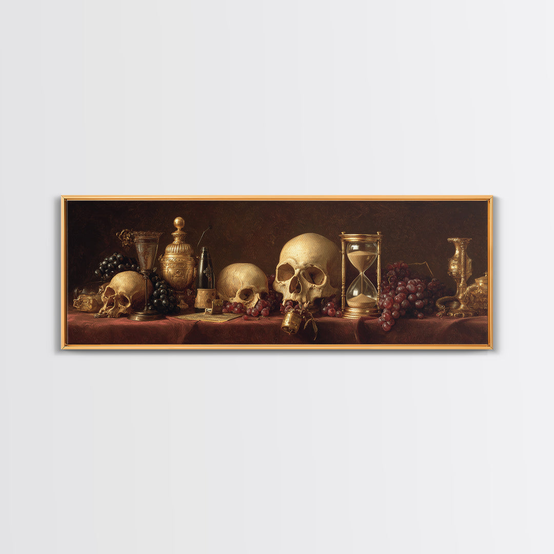 Skull and Hourglass Vanitas Still Life Framed Canvas Print, Baroque Art, Whimsical Decor, Living Room Decor, Fine Art, Ornate, BAO-3x1-69