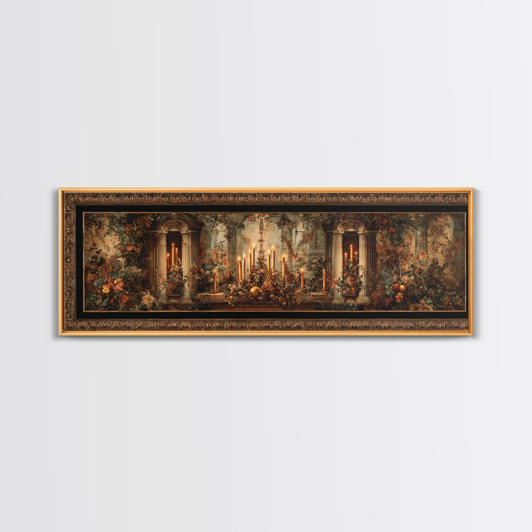 Ornate Gold Frame Illusion Around a Botanical Framed Canvas Print, Baroque Art, 3d Wall Art, Living Room Decor, Oil Painting, BAO-3x1-73