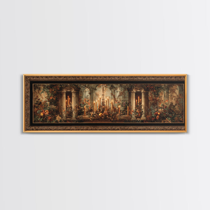 Ornate Gold Frame Illusion Around a Botanical Framed Canvas Print, Baroque Art, 3d Wall Art, Living Room Decor, Oil Painting, BAO-3x1-73