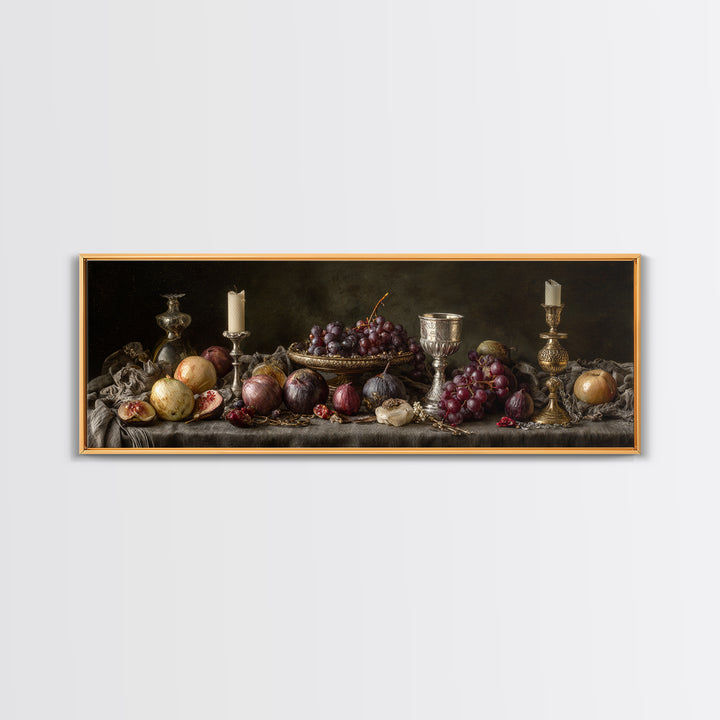 Candlelit Table with Silver Goblet and Figs Framed Canvas Print, Baroque Art, Oil Painting, Living Room Decor, Fine Art, Ornate, BAO-3x1-77