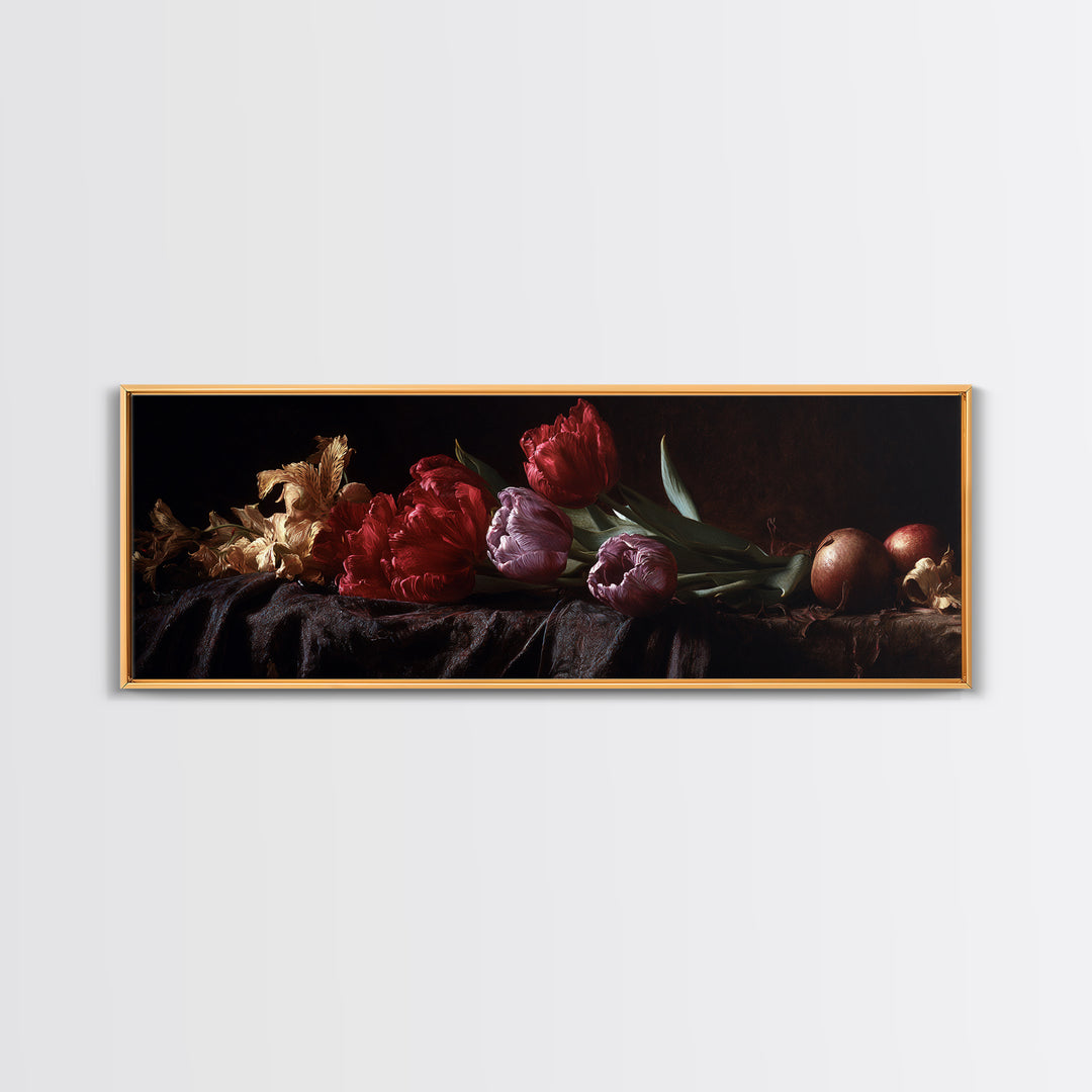 Black Background Tulips Canvas Print, Baroque Art, Gallery Wall, Living Room Decor, Ornate, Neutral Decor, Modern Decor, BAO-3x1-8