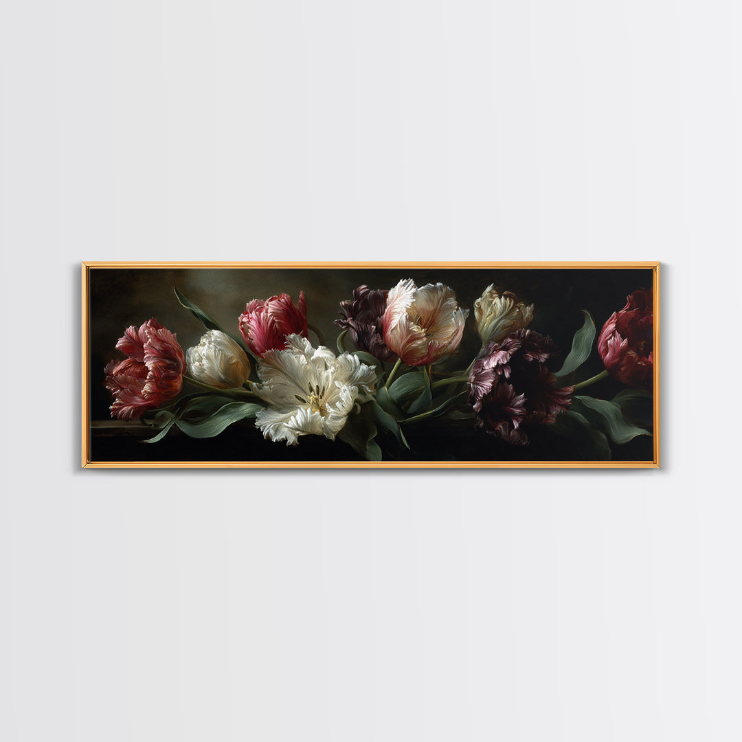 Black Background Tulips Canvas Print, Baroque Art, Minimalist Decor, Living Room Decor, Fine Art, Ornate, Whimsical Decor, BAO-3x1-80