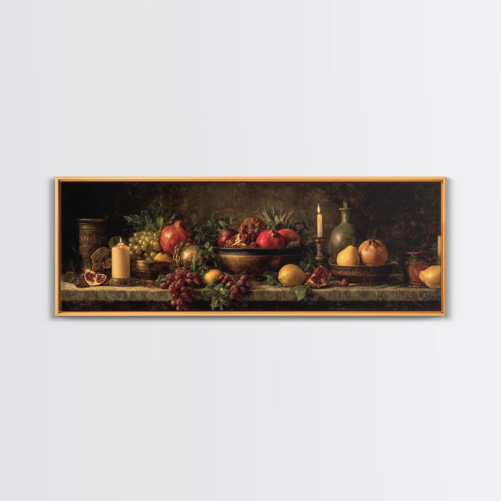 Dramatic Fruit Still Life Framed Canvas Print, Baroque Art, Living Room Wall Art, Living Room Decor, Oil Painting, Ornate, BAO-3x1-89