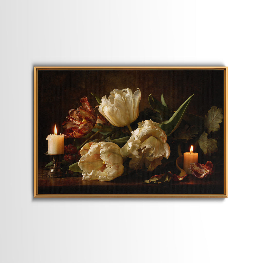 Black Background Tulips Framed Canvas Print, Baroque Art, Room Decor, Living Room Decor, Fine Art, Ornate, Digital Wall Art, BAO-3x2-20