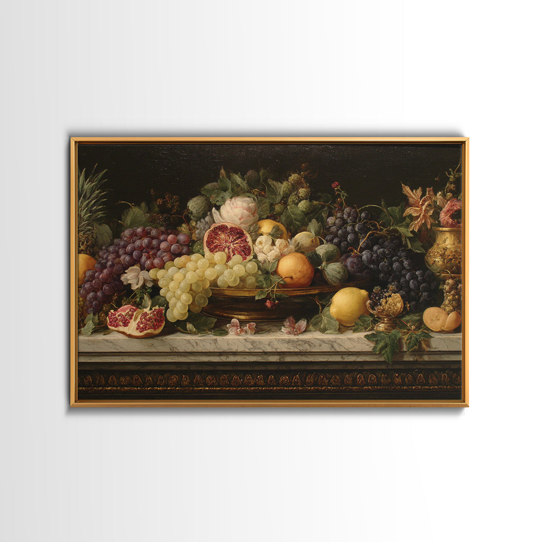 Lavish Banquet Fruit Composition Framed Canvas Print, Baroque Art, Textured Painting, Living Room Decor, Fine Art, Ornate, BAO-3x2-24