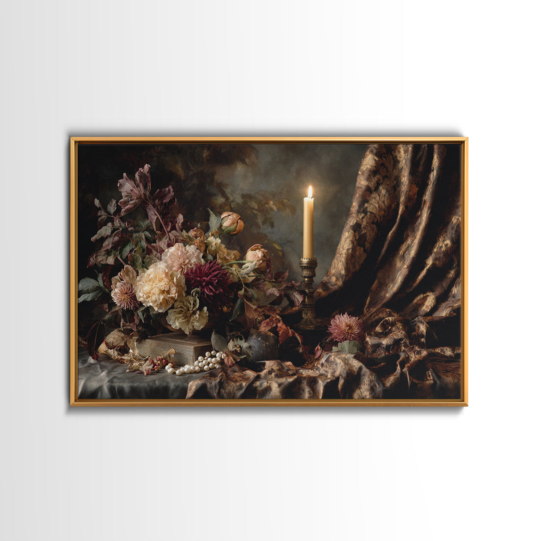 Velvet Drapery with Pearls Flowers and Candlelight Framed Canvas Print, Baroque Art, Painting, Living Room Decor, Ornate, BAO-3x2-31