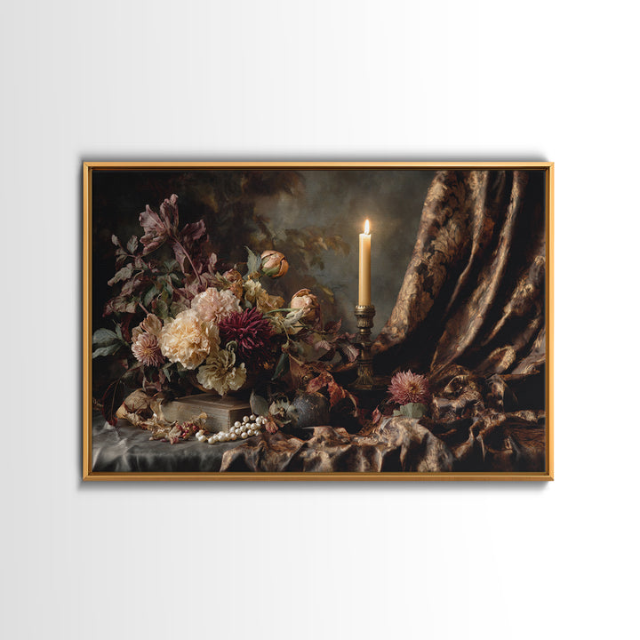Velvet Drapery with Pearls Flowers and Candlelight Framed Canvas Print, Baroque Art, Painting, Living Room Decor, Ornate, BAO-3x2-31