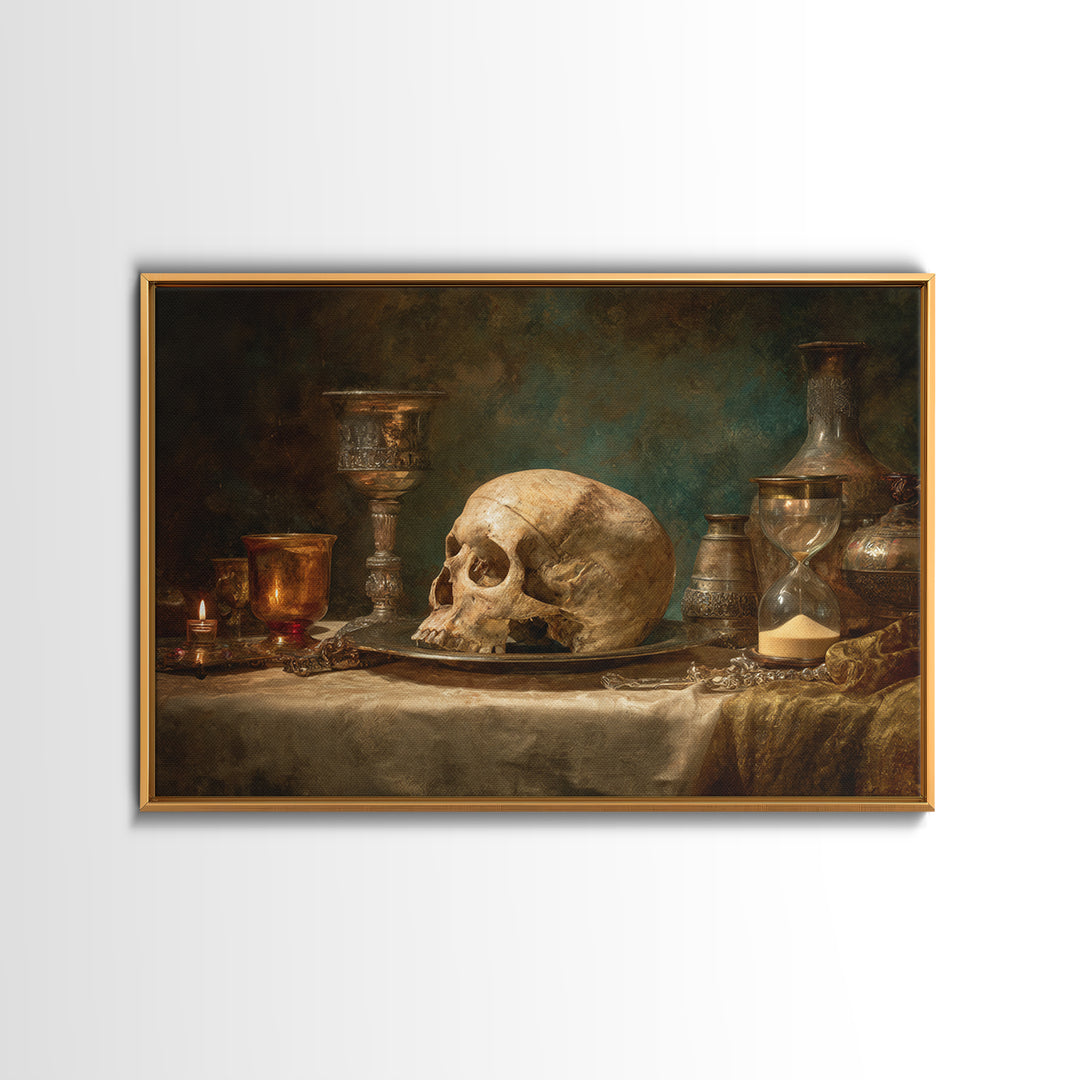 Skull and Hourglass Vanitas Still Life Canvas Print, Baroque Art, Printable Wall Art, Living Room Decor, Fine Art, Ornate, BAO-3x2-33