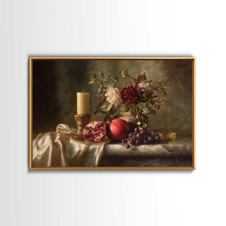 Pomegranate and Grapes on a Marble Ledge Framed Canvas Print, Baroque Art, Contemporary Art, Living Room Decor, Ornate, BAO-3x2-36