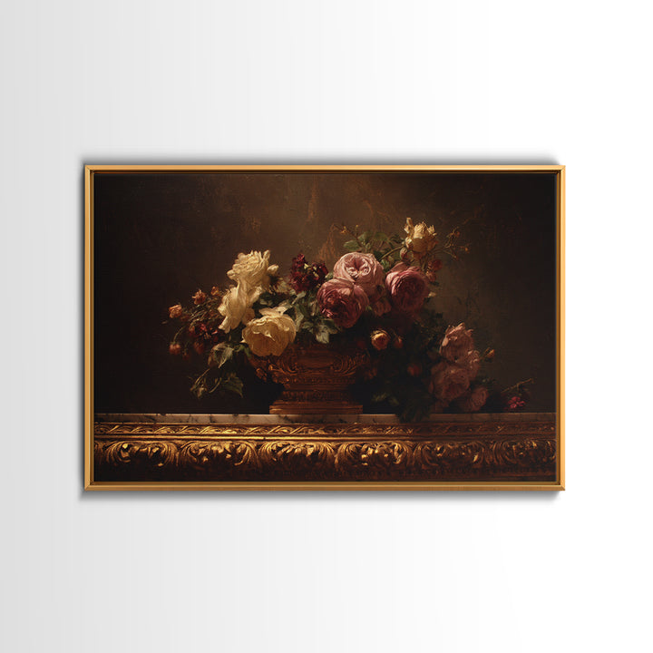 Golden Harp and Roses Framed Canvas Print, Baroque Art, Painting, Living Room Decor, Fine Art, Ornate, Living Room Wall Art, BAO-3x2-46